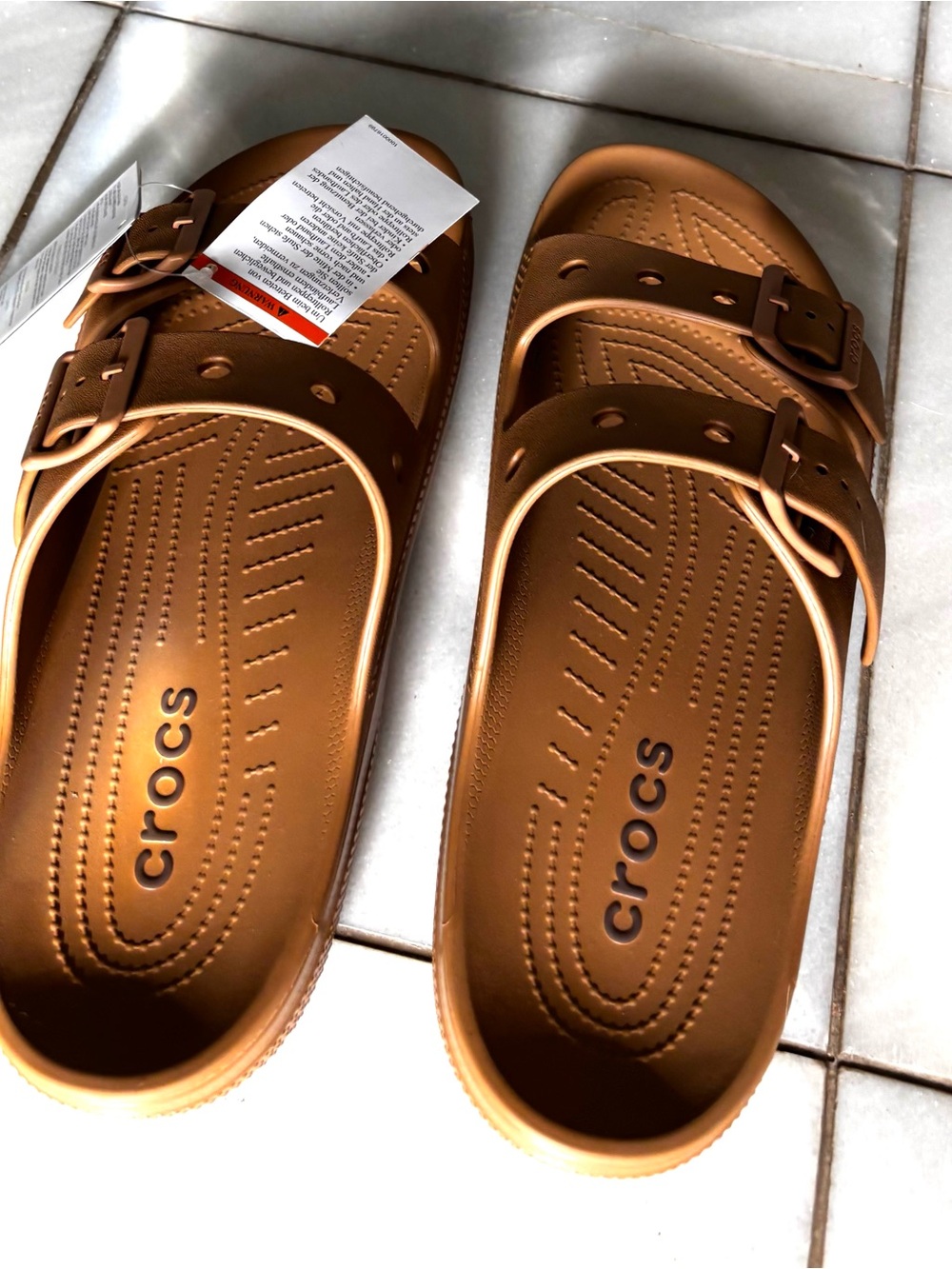 CROCS Double Buckle Slide Sandals in Brown
